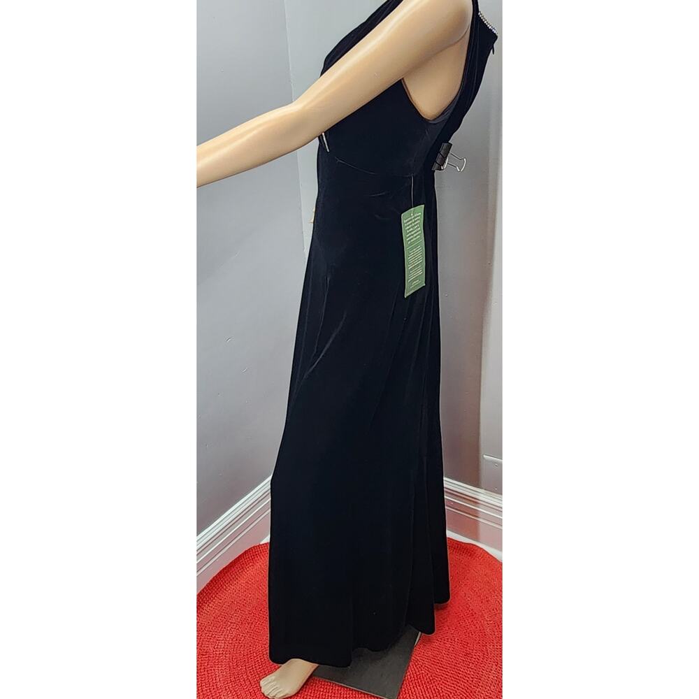 90s Vintage Black Velour Evening Gown Rhinestone Trim Formal Black Tie Dress - M - Picture 6 of 10